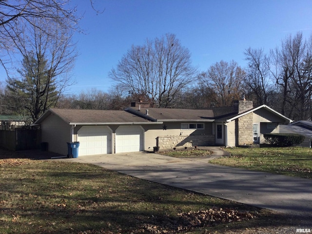 single story home with a garage and a front lawn