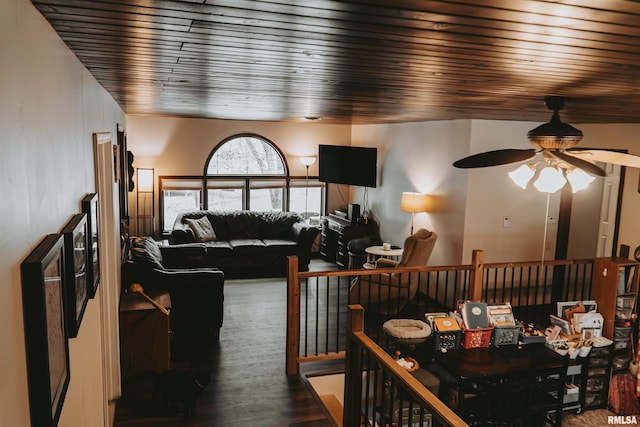 living room featuring ceiling fan, wood-type flooring, and wood ceiling