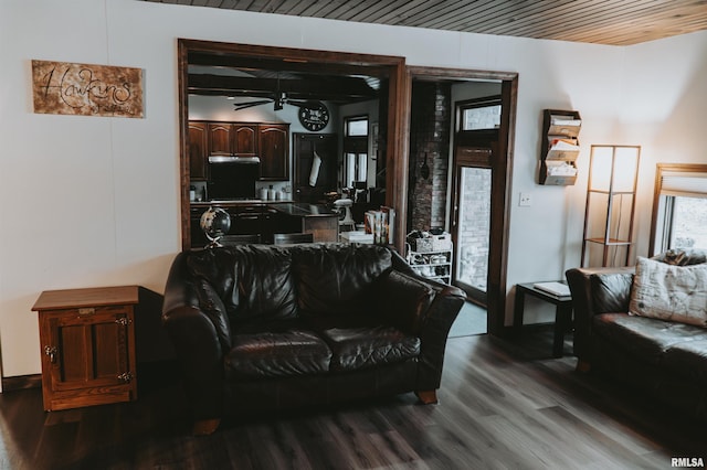 living room with ceiling fan, wooden ceiling, and wood-type flooring