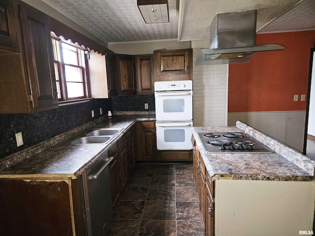 kitchen with sink, ventilation hood, double oven, black electric stovetop, and ornamental molding