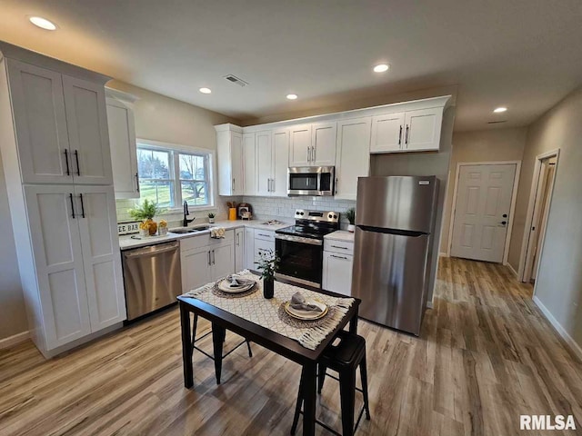 kitchen featuring light wood finished floors, a sink, decorative backsplash, stainless steel appliances, and white cabinetry