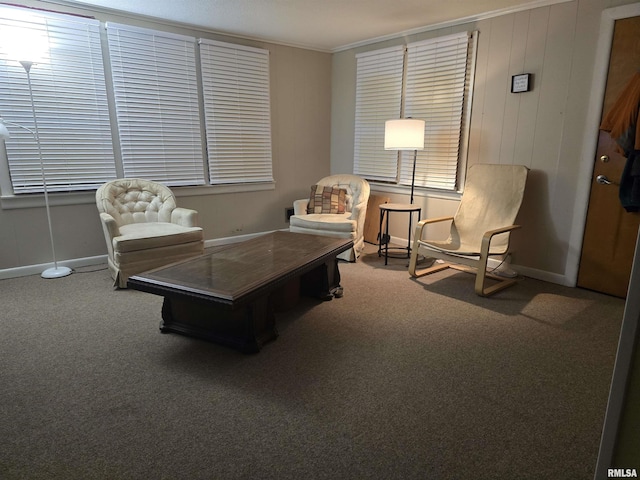 sitting room featuring carpet floors and ornamental molding