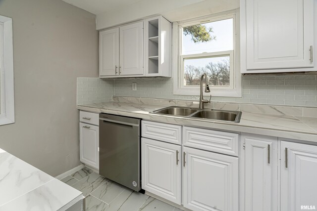 kitchen featuring white cabinetry, dishwasher, light stone countertops, and sink