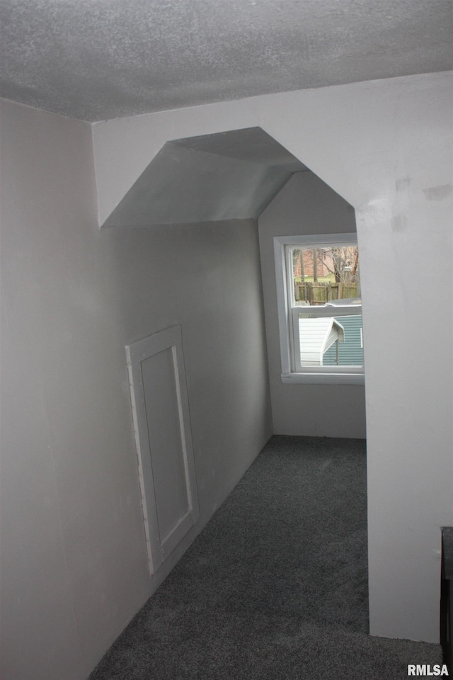 bonus room featuring vaulted ceiling, a textured ceiling, and dark colored carpet