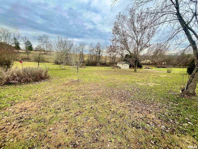 view of yard with a storage unit and a rural view