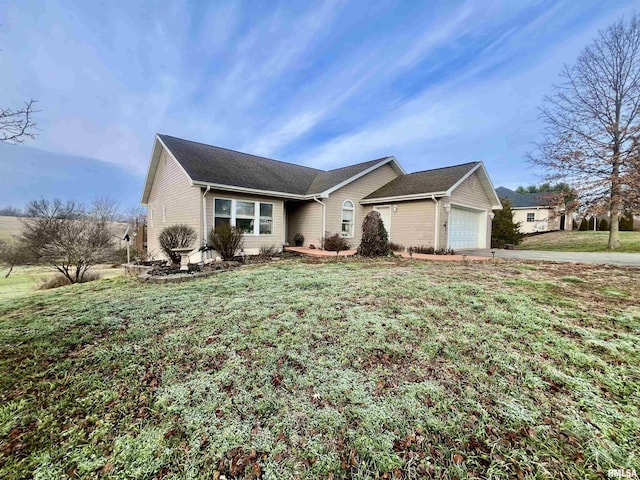 single story home featuring a front yard and a garage