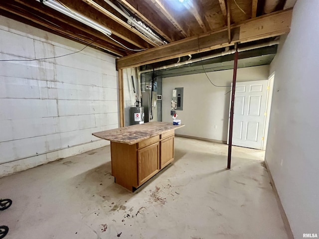 basement with electric panel and water heater