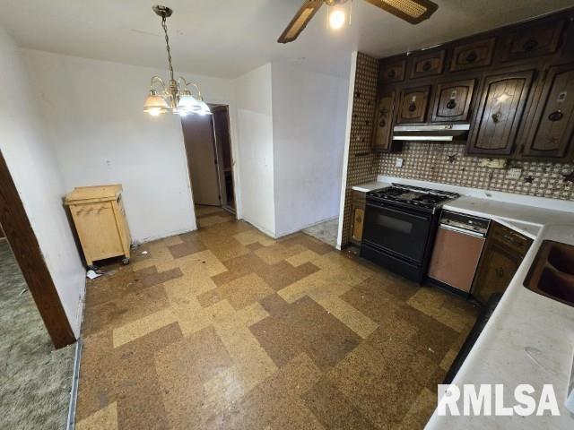 kitchen featuring tasteful backsplash, stainless steel dishwasher, dark brown cabinets, gas stove, and decorative light fixtures