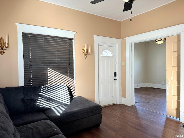 living area with a ceiling fan and wood finished floors