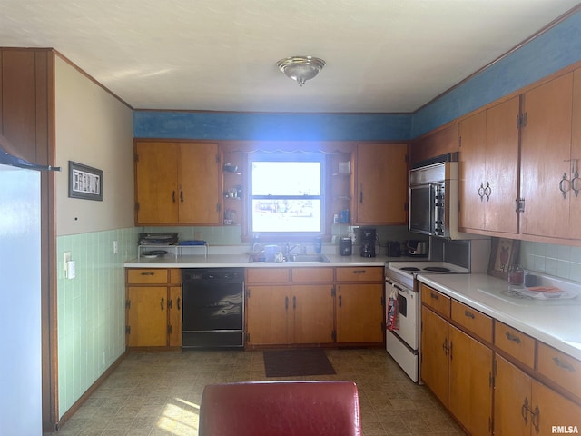 kitchen featuring white electric stove, sink, and black dishwasher