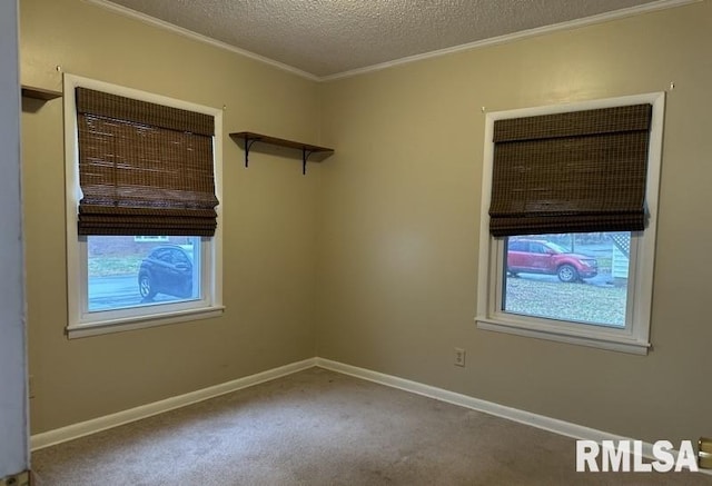 unfurnished room with ornamental molding, a textured ceiling, carpet floors, and a healthy amount of sunlight