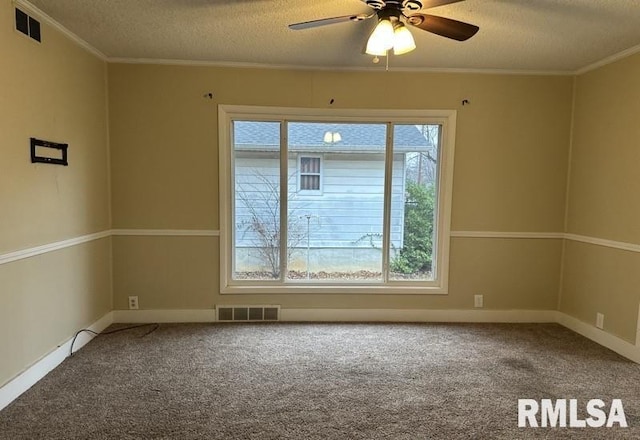 carpeted empty room featuring a wealth of natural light, ceiling fan, crown molding, and a textured ceiling