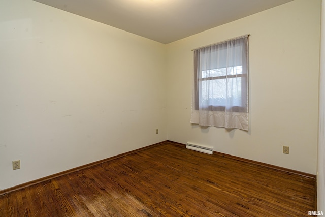 unfurnished room featuring a baseboard radiator and dark wood-type flooring