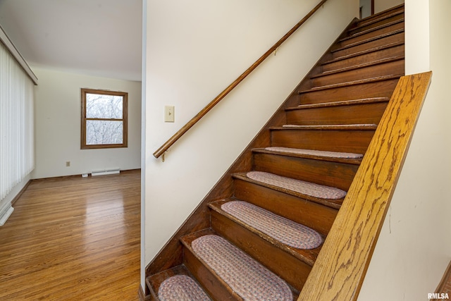 stairway with baseboard heating and hardwood / wood-style flooring