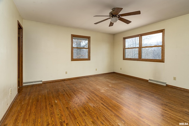 empty room with dark hardwood / wood-style flooring, baseboard heating, and ceiling fan