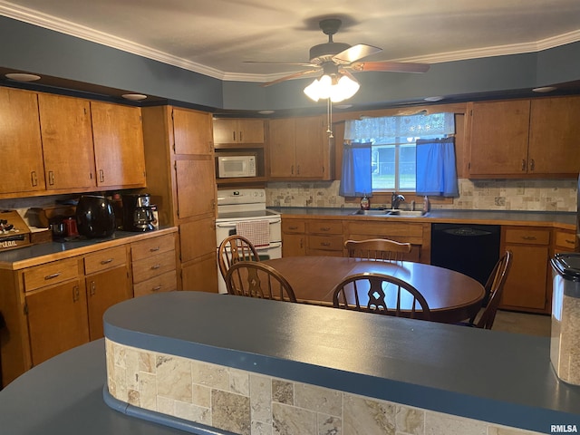 kitchen with white appliances, sink, ceiling fan, ornamental molding, and tasteful backsplash