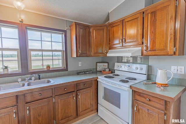 408 W Kirkwood St, Odin, IL 62870 - kitchen with white range with electric cooktop, under cabinet range hood, brown cabinets, a sink, and a textured ceiling