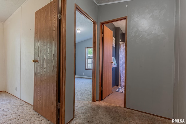 408 W Kirkwood St, Odin, IL 62870 - hall featuring carpet flooring, a textured ceiling, vaulted ceiling, and ornamental molding