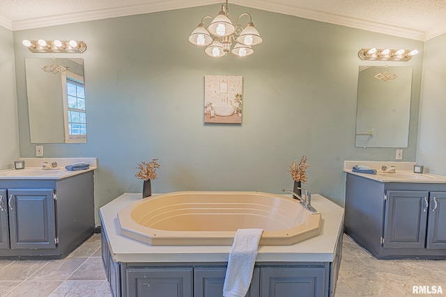 408 W Kirkwood St, Odin, IL 62870 - full bath featuring a chandelier, ornamental molding, two vanities, stone tile flooring, and a bath