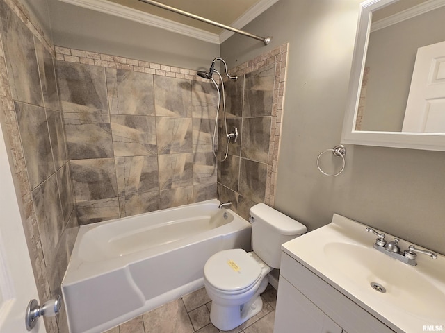 full bathroom with vanity, tile patterned floors, crown molding, tiled shower / bath combo, and toilet