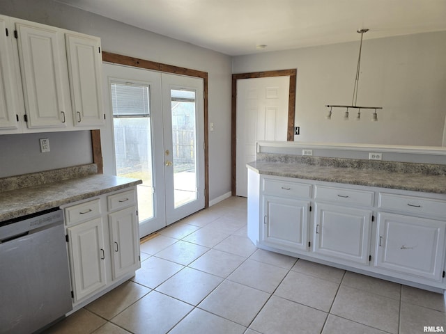 kitchen with french doors, a healthy amount of sunlight, pendant lighting, dishwasher, and white cabinetry