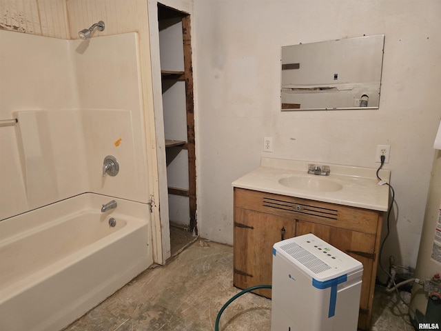 bathroom with vanity, washtub / shower combination, and concrete flooring