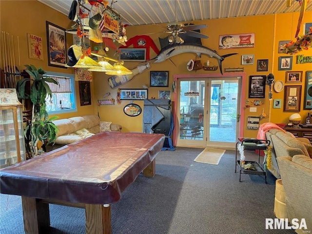 game room featuring carpet floors, ceiling fan, and pool table