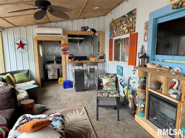 living room featuring ceiling fan