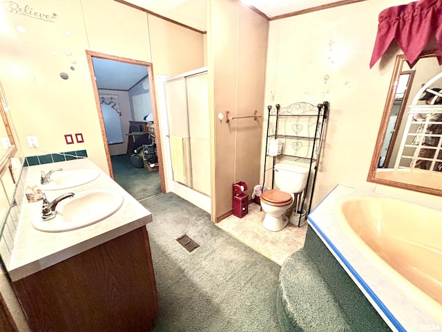 full bathroom featuring plus walk in shower, vanity, and toilet