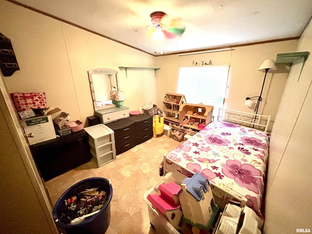 bedroom with ceiling fan and crown molding