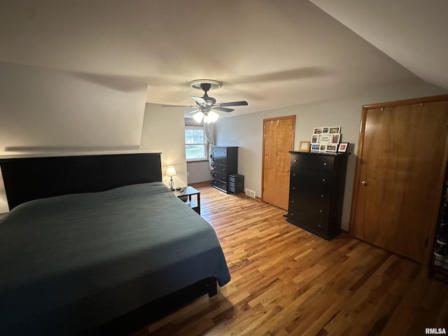 bedroom featuring ceiling fan and wood-type flooring