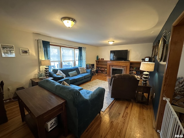 living room with hardwood / wood-style floors and a fireplace