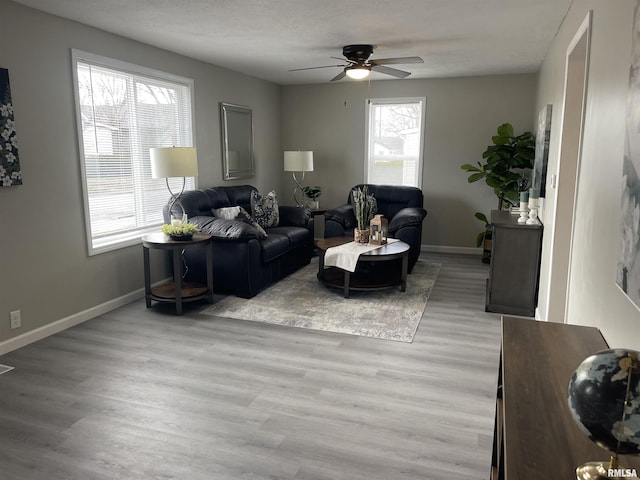 living room featuring ceiling fan, light hardwood / wood-style floors, and a textured ceiling