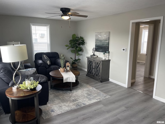 living room featuring wood-type flooring and ceiling fan