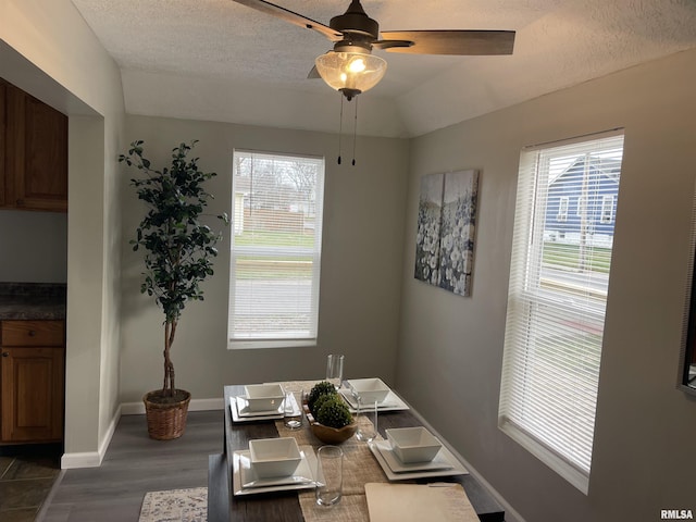 dining room featuring a textured ceiling, dark wood-type flooring, ceiling fan, and lofted ceiling