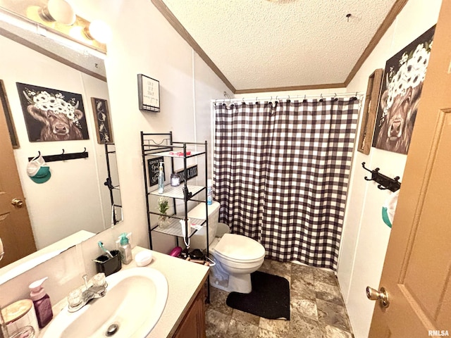 bathroom with vanity, a shower with shower curtain, a textured ceiling, crown molding, and toilet