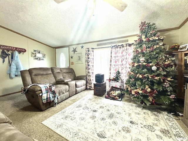 living area featuring lofted ceiling, a textured ceiling, ornamental molding, and carpet