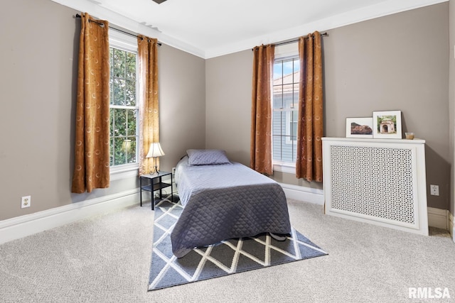 bedroom featuring carpet, ornamental molding, and radiator