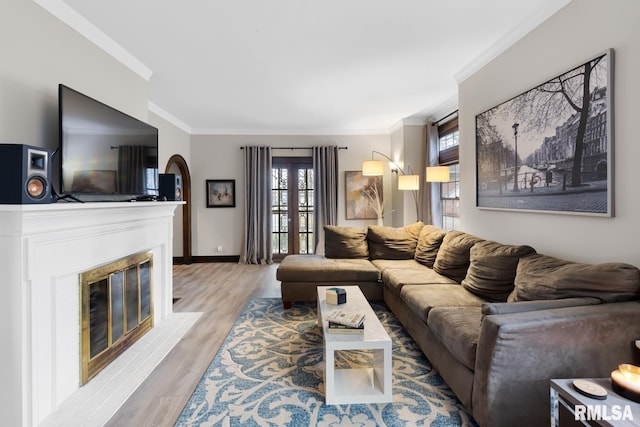 living room with light hardwood / wood-style floors and ornamental molding