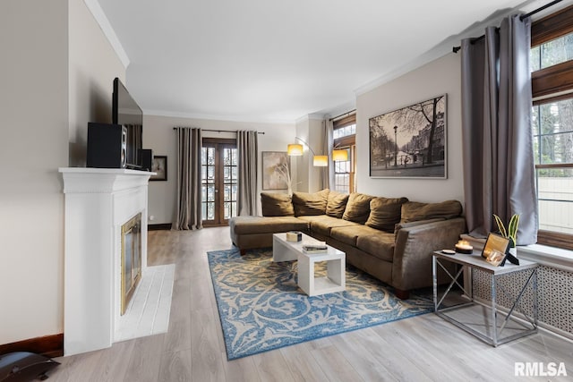 living room featuring light hardwood / wood-style floors and ornamental molding