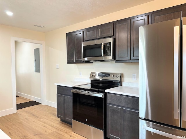 kitchen with appliances with stainless steel finishes, light wood-type flooring, electric panel, and dark brown cabinets