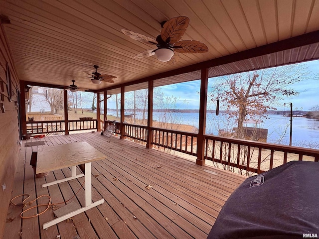 deck featuring ceiling fan and a water view