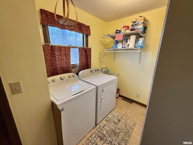 washroom with independent washer and dryer and a textured ceiling