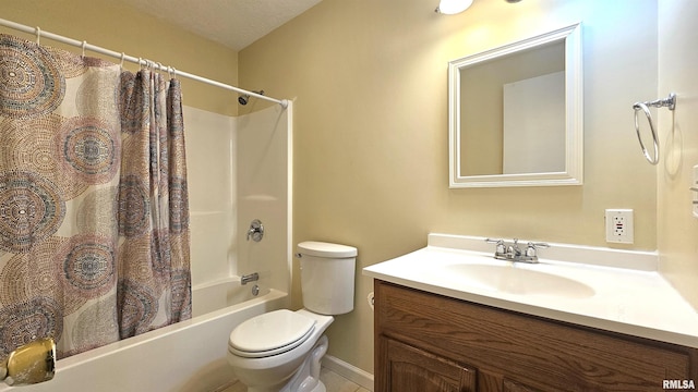 full bathroom with vanity, toilet, and shower / bathtub combination with curtain