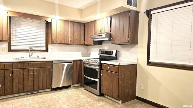 kitchen with dark brown cabinets, sink, and appliances with stainless steel finishes