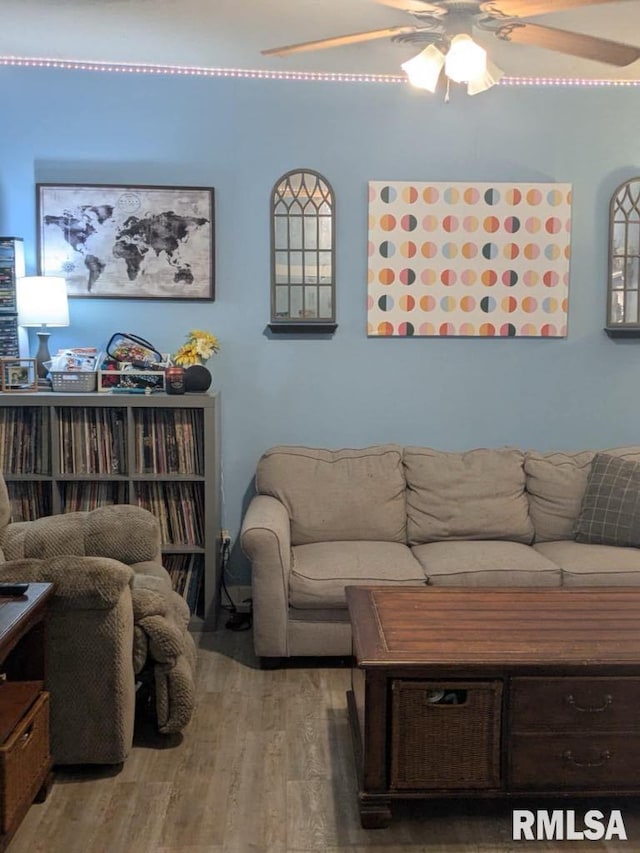 living room featuring ceiling fan and wood-type flooring