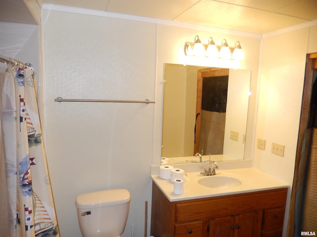 90 Oak St, Jonesboro, IL 62952 - bathroom featuring curtained shower, crown molding, vanity, and toilet