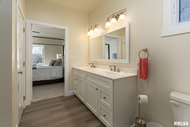 bathroom featuring wood-type flooring, vanity, and toilet