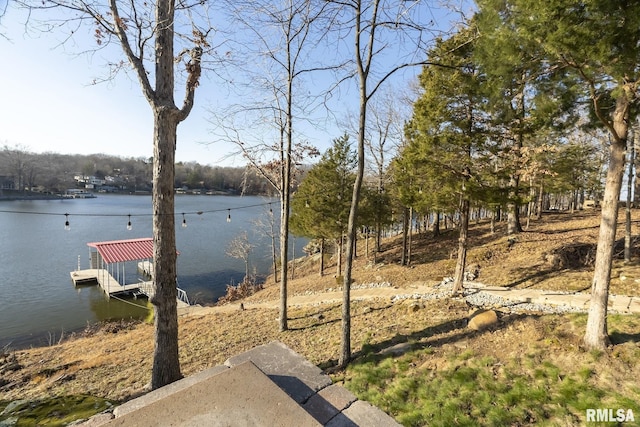 view of yard with a boat dock and a water view