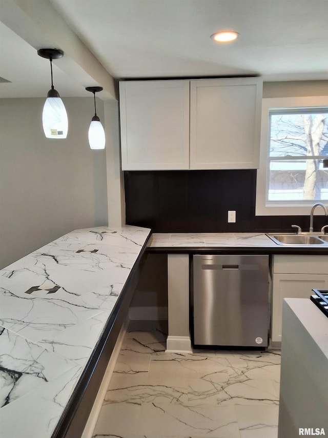 309 W 11th St, Metropolis, IL 62960 - kitchen with white cabinetry, recessed lighting, stainless steel dishwasher, marble finish floor, and a sink